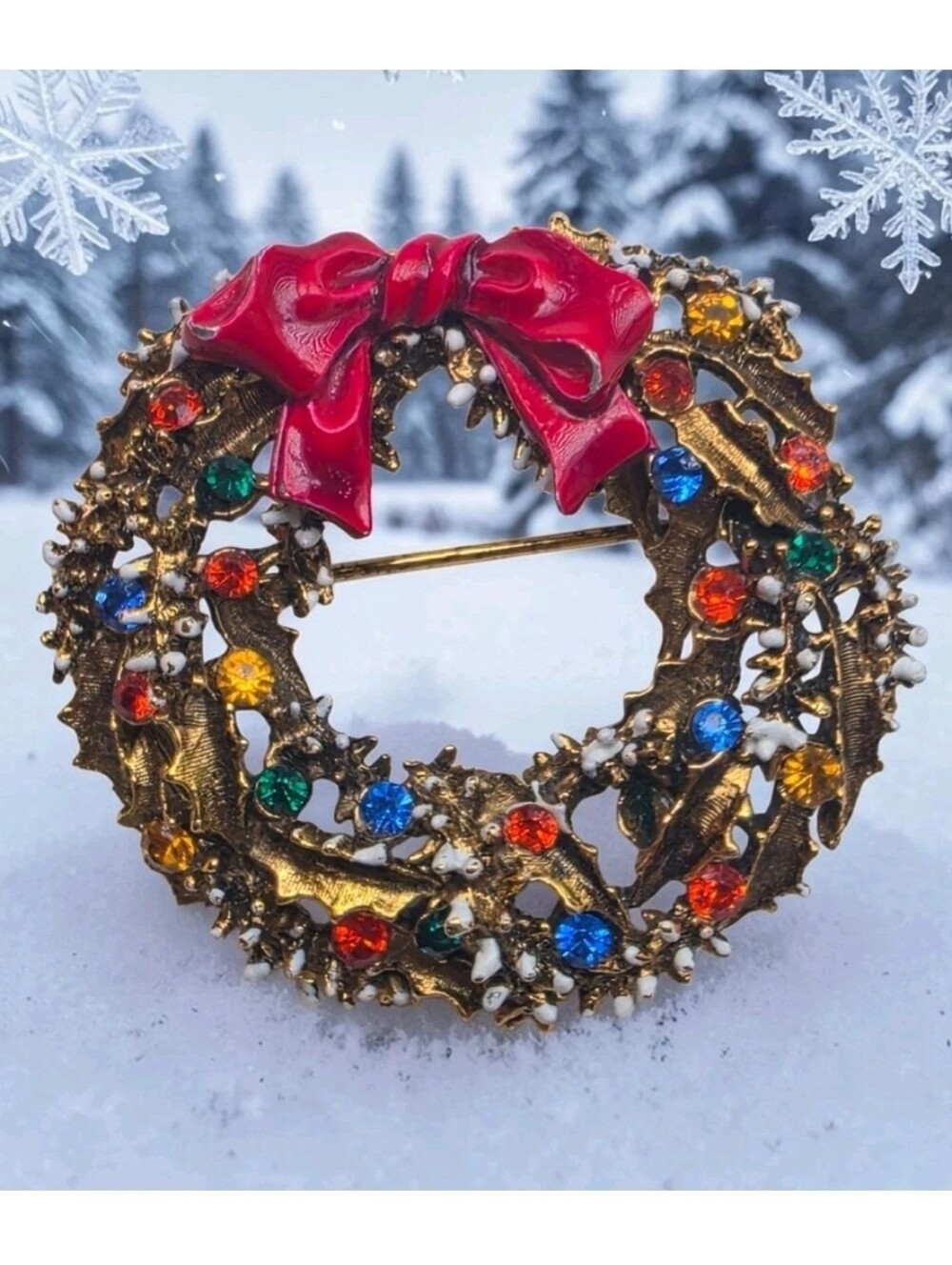 Vintage Signed ART Arthur Pepper Christmas Wreath Rhinestone Enamel Bow Brooch